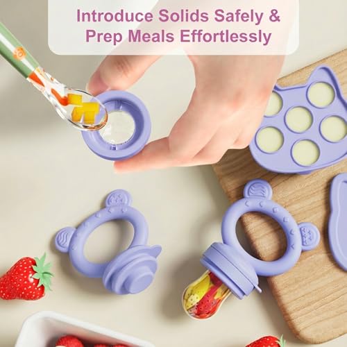 Image of Baby Breastmilk Popsicle Molds & Baby Fruit Feeder, Infant Food Freezer Tray Storage Containers, Silicone Teething Pacifier Feeder and Teether for Babies,Boys and Girls-Purple