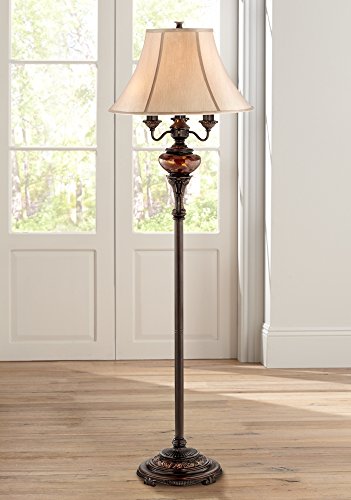 Barnes And Ivy Traditional Standing Floor Lamp Multi 4-Light 63" Tall Antique Bronze Copper Gold Tortoise Glass Font Fabric Bell Shade Candelabra Decor For Living Room Reading House Bedroom #TOP3