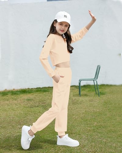 Image of Betusline Girls 2 Piece Outfits Girls Cropped Sweatsuit Pants Outfit Clothes Set, 4T-14 Years
