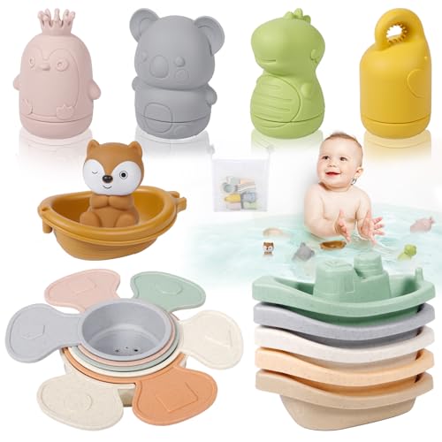 SaiXuan Jouet de Bain Bébé 17 Pièces – 4 Jouets de Bain en Silicone, 6 Gobelets d’Empilage, 5 Bateaux, 1 Barque avec Renard & Filet 37×47 cm – Jouet Bain...