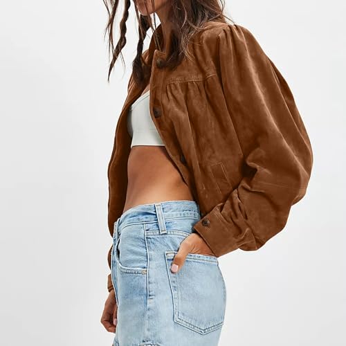 Women's Suede Short Pilot Jacket Puffed Long Sleeve Button Stand Collar Spring Autumn Coat Retro Moto Style3