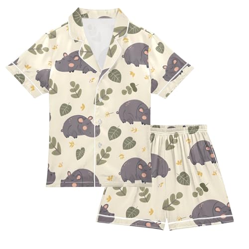 ALAZA Cute Hippo Leaves Pajamas Satin Pajama Set Short Sleeve Button Down Sleepwear