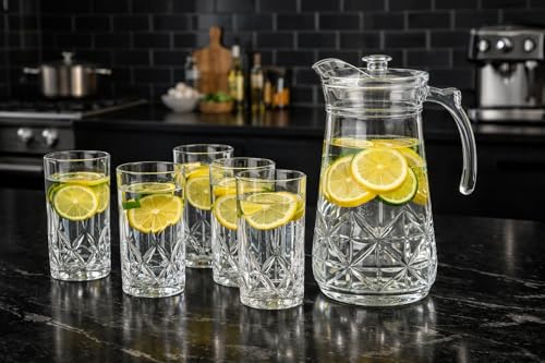 Image of bellemax 1.8 Litre Detox Water Jug with 6 Matching Glasses Set | Glass Water Jug Set for Fridge | Juice, Lemon Water, Mocktail, Cold Drink Serving Set for Home Kitchen (Set of 7)