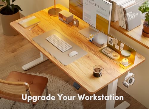 Image of FEZIBO Electric Standing Desk, 63 x 24 Inches Height Adjustable Table, Ergonomic Home Office Furniture with Splice Board, White Frame /Light Rustic Brown Tabletop