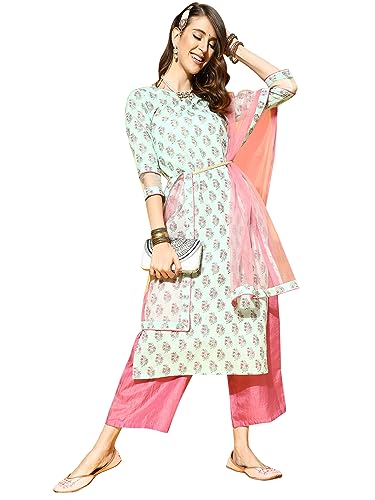 Image of Women Rangpreet Sea Green Printed Straight Kurta Palazzo With Dupatta Set
