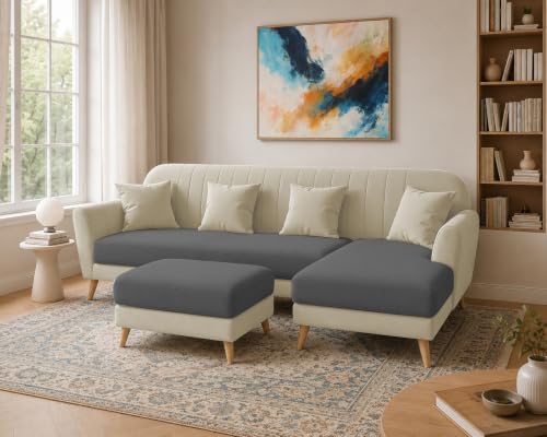 Image of Atticus RHS 6 Seater L Shape Sofa Set with Ottoman Living Room (Cream Black Colour Fabric) Premium Fabric Sofa Set for Living Room