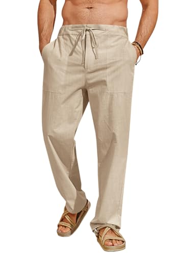 Runcati Mens Cotton Linen Pants Casual Elastic Waist Drawstring Lightweight Loose Fit Summer Beach Yoga Trousers