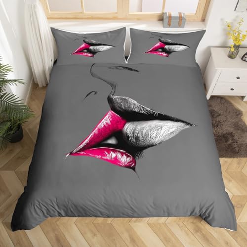 3D Print Duvet Cover Queen Size Love Bedding Set Pink and Gray Lips Kissing Pattern Comforter Cover Sexy Theme Bedding Decorative for Women Girls Lovers 3 Piece 1 Duvet Cover 2 Pillow Shams,Gray