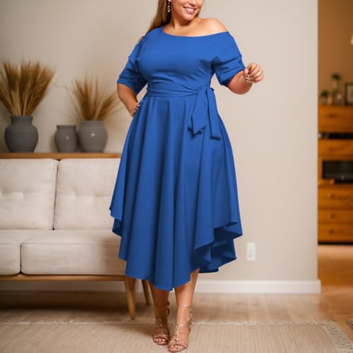 Image of Plus Size Women Wedding Guest Dress Off Shoulder Boat Neck Irregularly Flowy Midi Church Dress