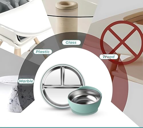 Image of NYALA Stainless Steel Toddler Plates Silicone Suction, Non-Slip Baby Plates BPA Free,Unbreakable Dishwasher Safe (Pista Green, Plate + Bowl)