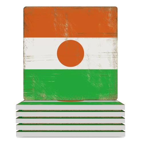 Lot de 6 sous-verres vintage en céramique avec motif drapeau national du Niger pour boissons, dessous de verre avec dos en liège pour protection de table, pendaison de crémaillère et cadeau de cuisine