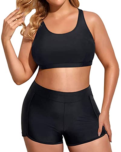 Image of Holipick Women Plus Size Swimsuits - Athletic 3 Piece Tankini with Shorts