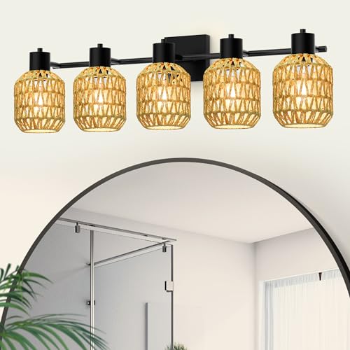 Image of CHICLUX Bathroom Vanity Light, 5 Lights Boho Rattan Bathroom Lighting fixtures Over Mirror, Farmhouse Vanity Lighting Fixtures with 330 Adjustable Woven Lampshade, E26 Base (Bulbs Not Included)