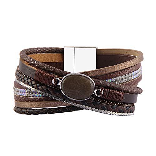 joymiao Pulsera de Cuero Trenzado para Mujer Pulseras de Cuero de ágata Pulsera con Brazalete con Cierre magnético (Marrón)