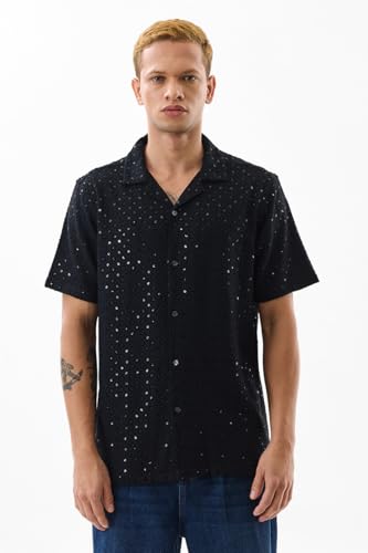 Image of SNITCH Men Casual Shirt | Regular Fit Half Sleeve Cuban Collar Textured Pattern with Embellished Sequins | 100% Viscose & Breathable Fabric for Everyday Wear