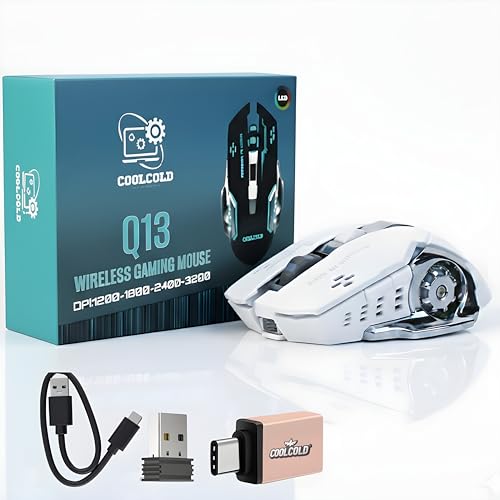 Image of COOLCOLD Gaming Mouse | Rechargeable, Wireless Gaming Mouse | with Type c OTG Dongle, 2.4Ghz RGB Lights Mice, Upto 2400 DPI 6 Button, 4 Color Breathing Lights, Distance-10m, (White)