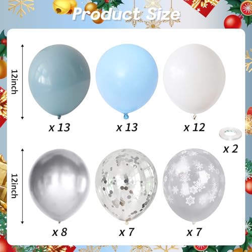 Image of Baby Blue White Winter Wonderland Balloons, 60PCS Dusty Blue and White Metallic Silver Snowflakes Balloons for Ice Snow Wonderland Wedding Birthday Baby Shower Christmas New Year's Party Decorations