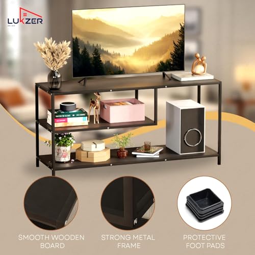 Image of Lukzer Metal & Engineered Wood TV Unit Stand Ideal for TVs Up to 43 Inch | Open Shelves for WiFi Router, Set-Top Box, Speakers & Decor | Living Room Storage Rack Organizer | MTU-001 /Black + Black