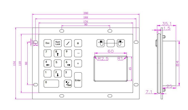 Tastierino numerico in metallo a 18 pulsanti in acciaio inossidabile con montaggio a pannello impermeabile IP65 trackpad integrato
