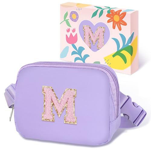 Image of COSHAYSOO Easter Birthday Initial Gifts for Teen Girls 5 6 7 8 9 10 11 12 13 14 Year Old Purple Fanny Pack for Girls Belt Bag Crossbody Travel Purse Unique Trendy Preppy Stuff Chenille Letter M