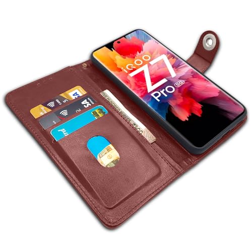 Image of Pikkme iQOO Z7 Pro 5G Flip Cover Leather Finish | Inside TPU with Card Pockets | Wallet Stand and Shock Proof | Complete Protection Button Flip Case for iQOO Z7 Pro 5G (Brown)