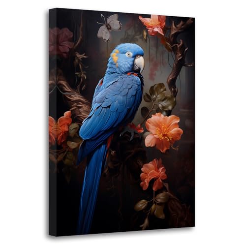 LZIMU Parrot Canvas Wall Art Blue Macaw & Vintage Flowers Picture Tropical Birds Poster Retro Animal Artwork for Living Room Bedroom Framed(Picture-4, (12.00" x 18.00"))
