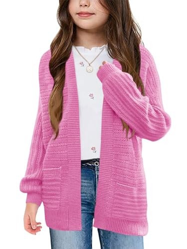 Image of Haloumoning Kids Girls Open Front Cardigan Sweaters Long Sleeve Cable Knit Fashion Clothes with Pockets 5-14 Years