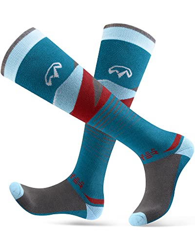 OutdoorMaster Ski Socks, 2-Pair Pack Skiing and Snowboarding Thermal Socks for Men with Non-Slip Cuff Design, Geometric Patterns - Grey Blue, Medium