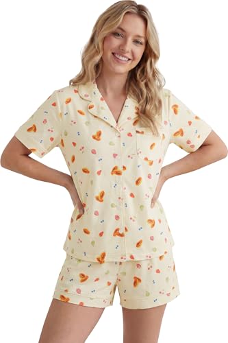 Image of LUBOT 100% Cotton Pajamas for Women 2 Piece PJ Set Button-Down Soft Knit Short Sleeve Summer Sleepwear Loungewear XS-XXL