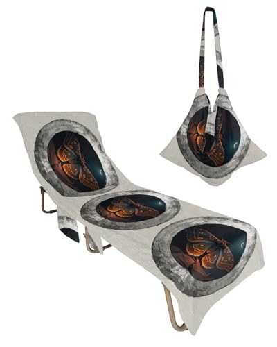 Butterfly Beach Lounge Chair Towel Cover, Soft Chaise Lounge Towel with Side Pockets Patio Pool Chairs Cover for Beach/Pool Sunbathing 29x85 Moon Vintage Farmhouse Grey