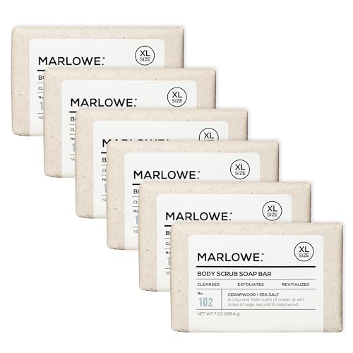 Image of MARLOWE. Body Scrub Soap, Exfoliating Soap Bar, Cedarwood, 7 oz (6 Bars) | Scrub Soap Bar that deeply cleanses and exfoliates while buffing away rough, dry skin. Cedarwood + Sea Salt scent.