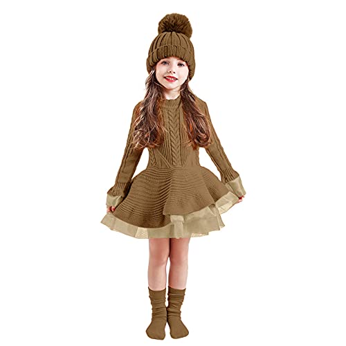Girls Christmas Sweater Dress Toddler Kids Long Sleeve Solid Color Knit Sweater Dress Casual (Khaki, 2-3 Years)2