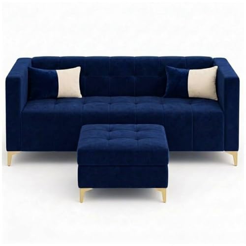 Image of FURNY Homeliving 4 Seater L Shape Sofa Set with Movable Ottoman & Golden Legs | Flexible Left or Right Layout | Plush Velvet Fabric (Dark Blue) | Perfect for Living Room, Guest Room & Office