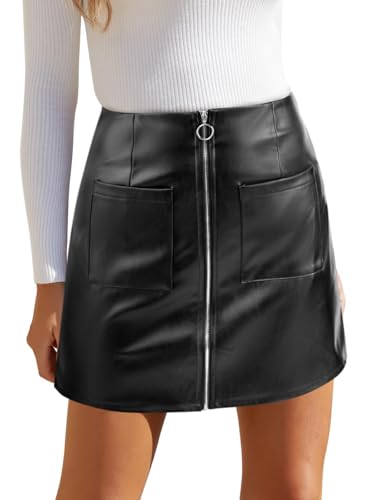Avanova Women Faux Leather Mini Skirt High Waisted Zipper Pocket Short Skirt Black Medium