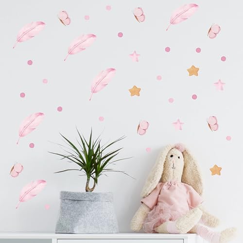 72 vinilos adhesivos rosa de plumas y mariposas para pared miniatura 6