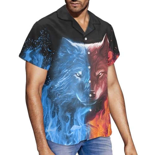 GLUDEAR Mens Novelty Cool Wolf Print Hawaiian Button Down Shirts Holiday Short Sleeve Slim Casual Top Shirt4