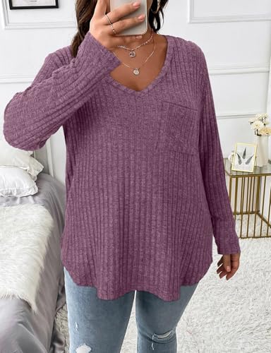 Image of Koscacy Women Plus Size Casual Knit Sweater with Pocket V Neck Solid Color Tops Lightweight Long Sleeve Blouses