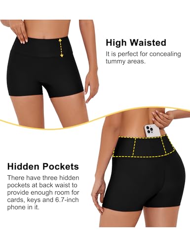 Tournesol Women's 3" Swim Shorts High Waisted Bathing Suit Bottoms Seamless Board Shorts UPF50+ Boyshorts with Pockets4