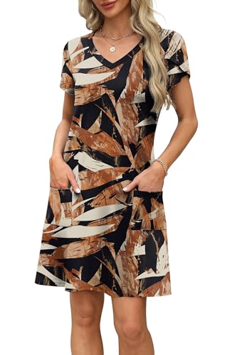 Image of OFEEFAN Womens Summer Dresses 2026 Tulip Petal Short Sleeve V Neck Loose Swing Sundresses with Pockets Plain /Print