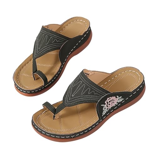 Genérico Sandalias Para Playa Zapatillas Mujer Casa Verano Sandalias y zapatillas bordadas con flores y parte inferior plana con punta de verano para mujer Sandalia Deportiva Mujer (Green, 36)