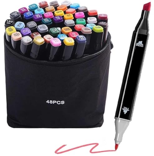 Corslet 48 Colors Dual Tip Art Markers Permanent Alcohol Based Markers Colored Artist Drawing Marker Pens Highlighters With Case for Coloring Animation Illustration Painting Card Making Underlining