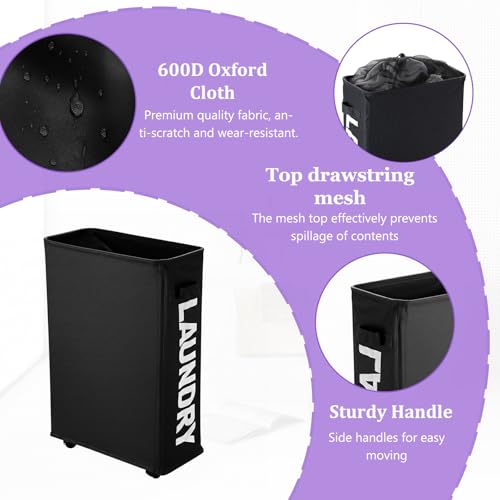 Image of Black Rolling Laundry Hamper, Slim Laundry Basket with Wheels for Small Spaces, 42L Tall Narrow Dirty Clothes Hamper, Collapsible Laundry Bin for Bedroom Dorm Laundry Room