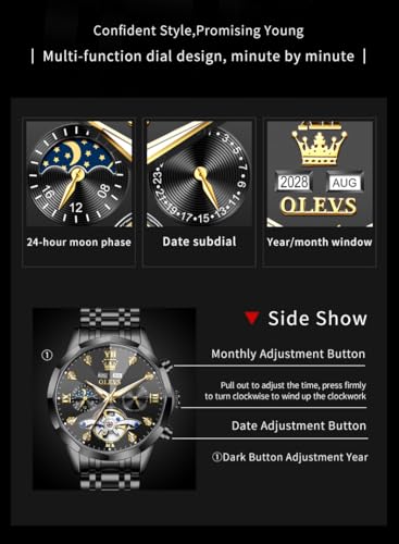 Image of OLEVS Automatic Men Watch Self Winding Mechanical Moon Phase Business Luxury Diamond Dress Stainless Steel Waterproof Luminous Mens Wrist Watch