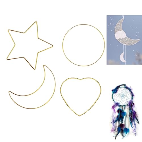 4 Pezzi Anello Acchiappasogni Anello in Metallo da Sogno Cerchio, a Forma di Cuore, Stella, luna, Rotonda, per Decorazioni Fai da te, Ghirlande Nuziali, Acchiappasogni e Lavori