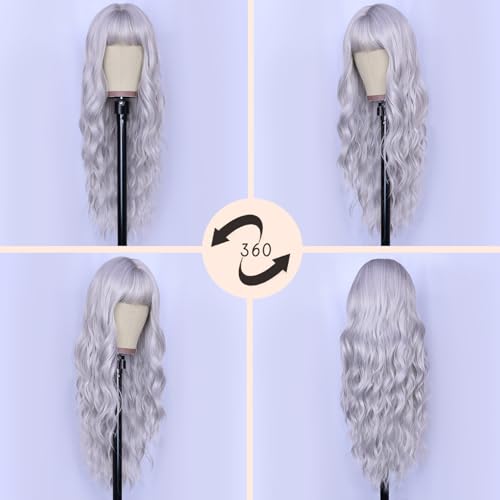 Image of NAYOO Silver Gray Wigs with Bangs for Women,24 Inch Wavy Synthetic Wig | Natural Looking,Beginner Friendly,Heat Resistant Fiber,Ideal for Daily Wear,Parties & Halloween