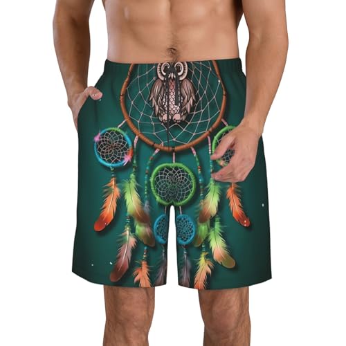 Men's Swim Trunks Colorful Owl Dream Catcher Quick Dry Board Shorts Mens Bathing Suit Beach Swimwear with Pockets