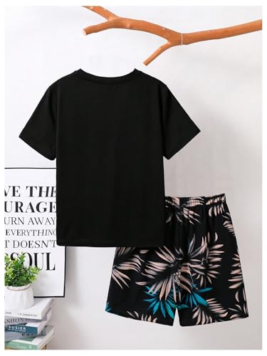 Image of RoseSeek Boy's 2 Piece Outfits Letter and Tropical Graphic Tees and Shorts