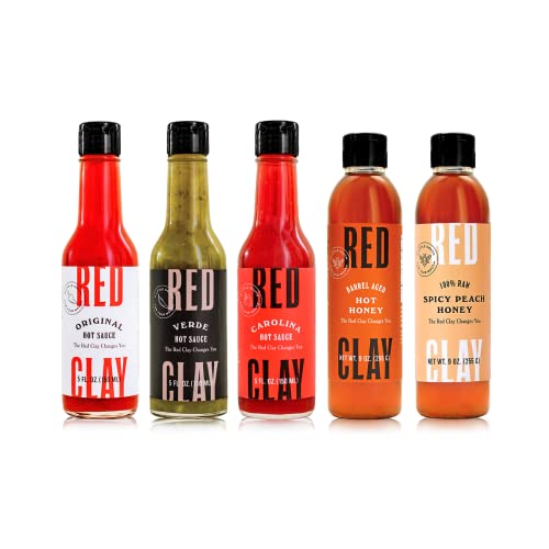 Red Clay Hot Sauce and Hot Honey, Whole Shebang Variety Pack (5 Count), with Original Hot Sauce (5 oz), Carolina Hot Sauce (5 oz), Verde Hot Sauce (5 oz), Hot Honey (9 oz), and Spicy Peach Honey (9 oz)