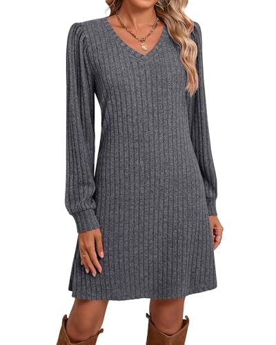 Ficerd Women's Knit Long Sleeve Sweater Dress Casual V Neck Tunic Dresses Fall Trendy Outfits