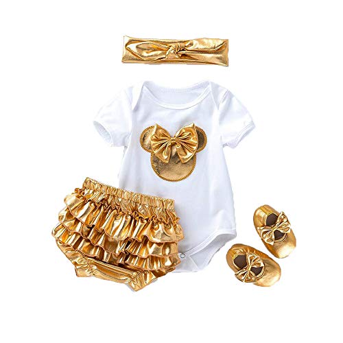Image of Amberetech Infant Girls 4pcs Mini Mouse Gold Shorts Set Cotton Romper+Bloomers+Shoes+Headband Outfit (White-Short, 0-3 Months)